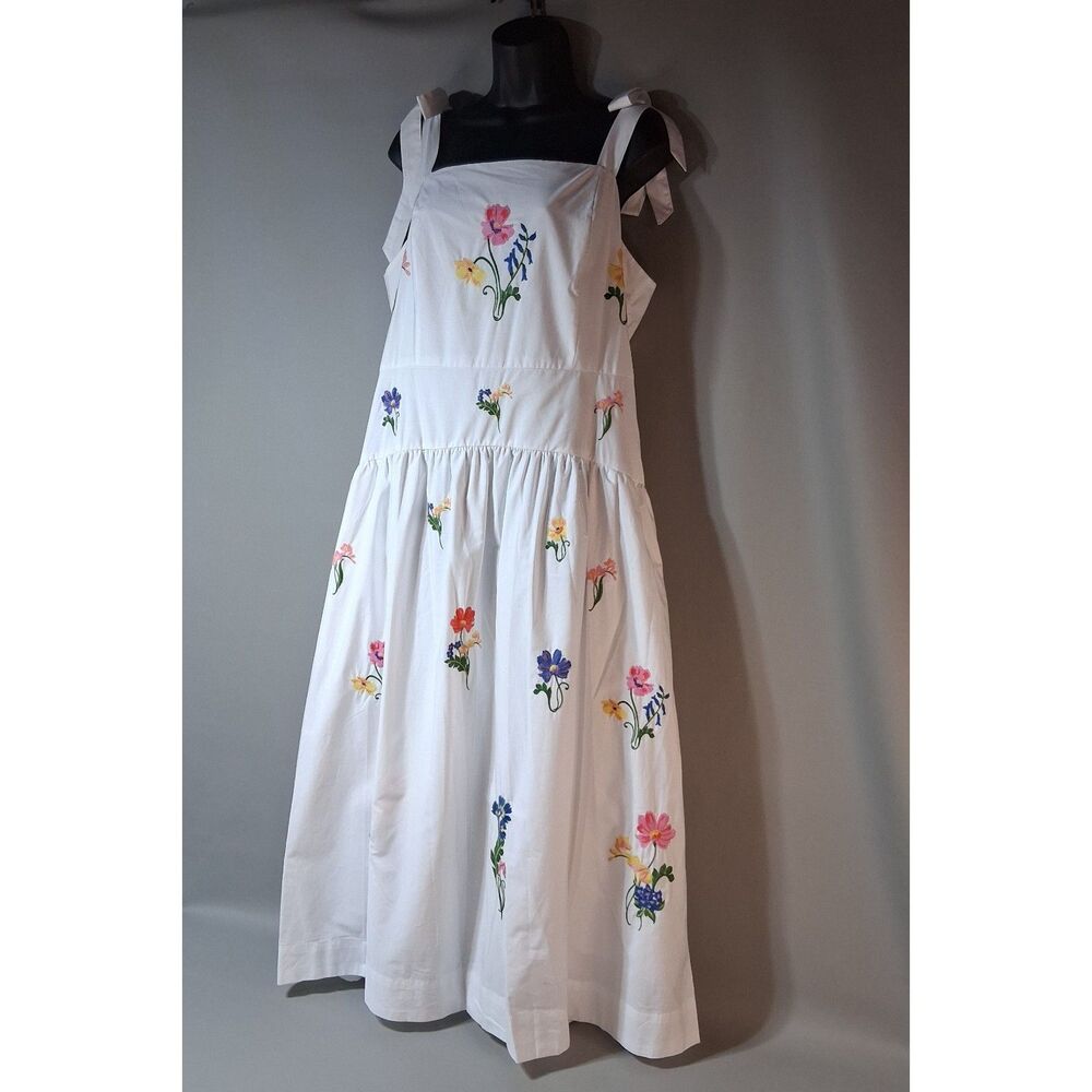 Free Assembly Floral Embroidered Strappy Midi Dress White Smocked Large 12-14
